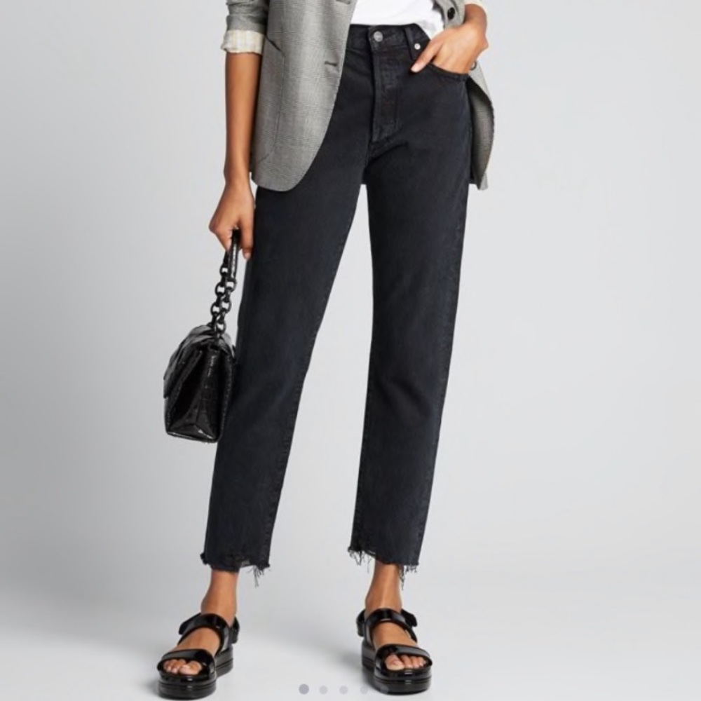 Agolde Jamie High Rise Straight Frayed Black Jeans